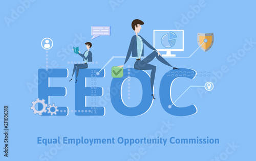 EEOC, Equal Employment Opportunity Commission. Concept with keywords, letters and icons. Colored flat vector illustration on blue background.