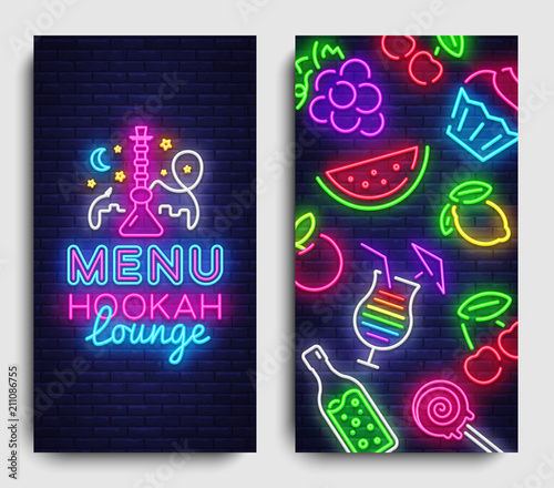 Hookah lounge menu design template vector. Hookah lounge typography modern trend design, vertical banners, nightlife neon advertising hookah. Vector Illustration