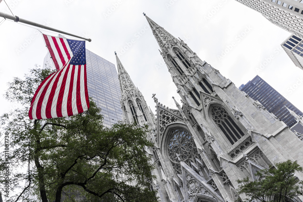 New York City. The Cathedral of St. Patrick, a decorated Neo-Gothic-style Roman Catholic cathedral church in the United States and a prominent landmark of the Fifth Avenue in Manhattan