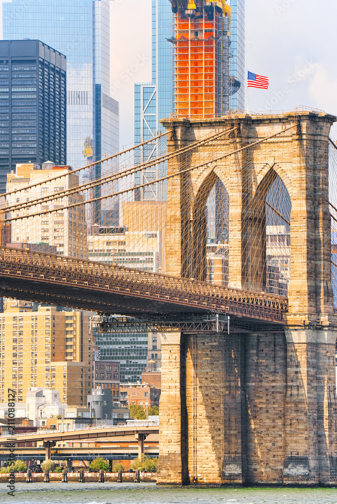 Suspension Brooklyn Bridge across Lower Manhattan and Brooklyn. New York, USA.