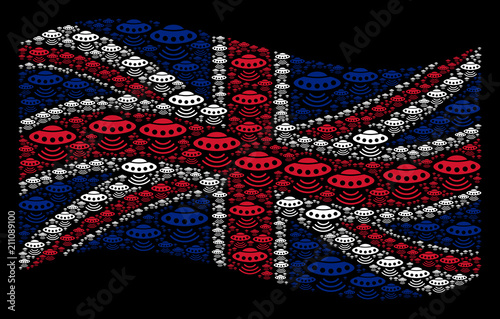 Waving British state flag on a black background. Vector alien invasion items are grouped into conceptual British flag abstraction. Patriotic concept composed of alien invasion elements.