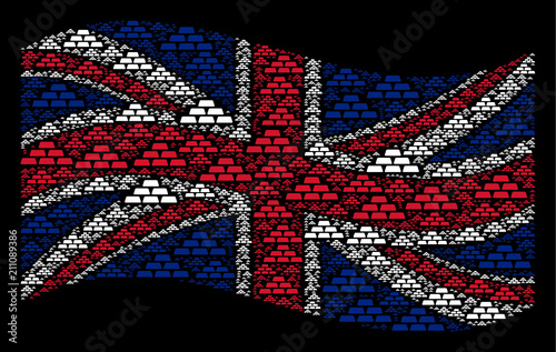 Waving UK state flag on a black background. Vector treasure bricks icons are placed into mosaic UK flag collage. Patriotic composition done of treasure bricks pictograms.