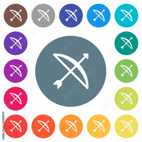 Bow with arrow flat white icons on round color backgrounds
