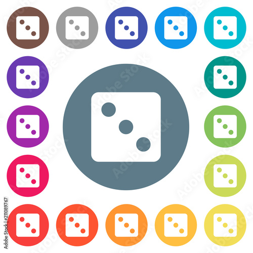 Dice three flat white icons on round color backgrounds