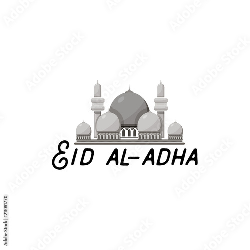 Muslim holiday Eid al-Adha. graphic design decoration kurban bayrami. Lettering composition of muslim holy month with mosque building