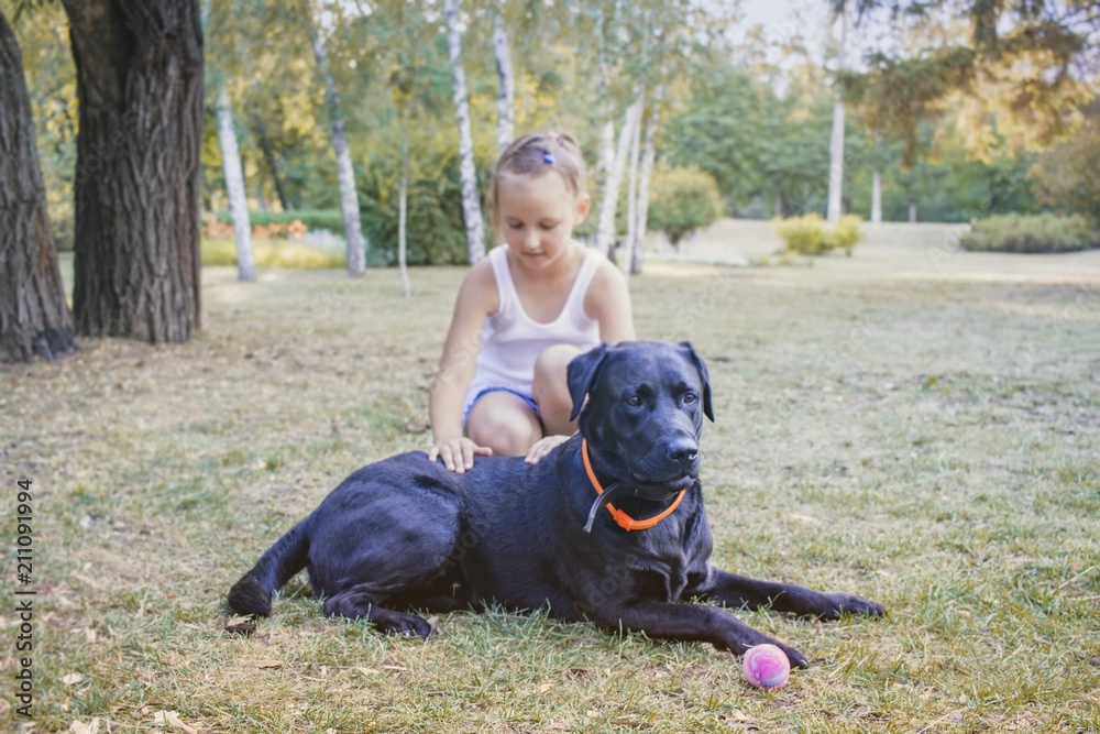 Little girl with her dog . Black Labrador head . Black labrador retriever in green grass . energy of friendship of children and dogs . the happy childhood with animals Little girl with her dog . Black Labrador head . Black labrador retriever in green grass . energy of friendship of children and dogs . the happy childhood with animals