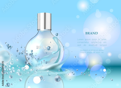 Vector illustration of a realistic style perfume in a glass bottle. Great advertising poster for promoting a new fragrance.