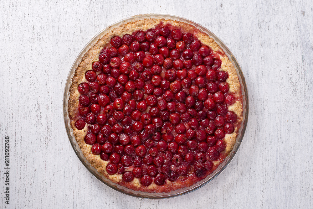Homemade organic cherry pie dessert ready to eat, close up. Cherry tart.