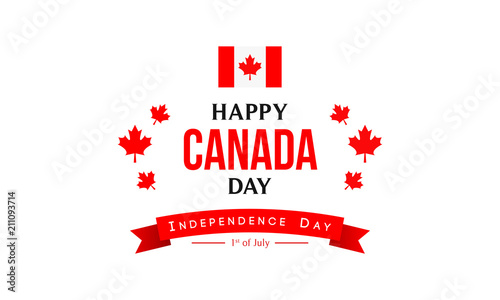 Happy Canada day vector illustration. Typography with red maple leaves and flag. 