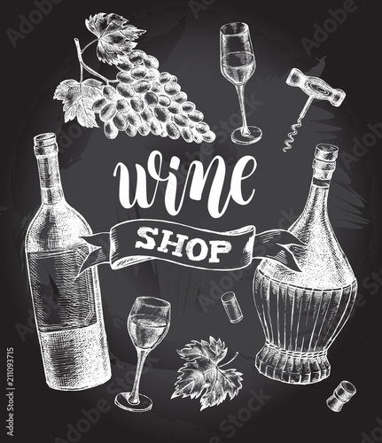 Wine concept set. Bottles, glasses, cork, grape bunch, corkscrew. Ink hand drawn Vector illustration with brush calligraphy style lettering. Drink element for menu design.