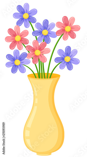 Yellow vase with purple and pink flowers