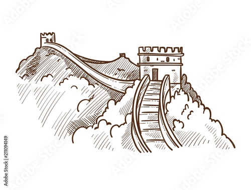 Great wall of China monochrome sketch outline vector illustration