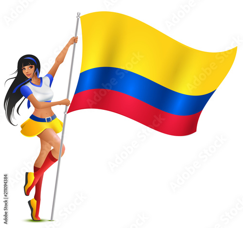 Beautiful young woman football cheerleader holding flag of Colombia