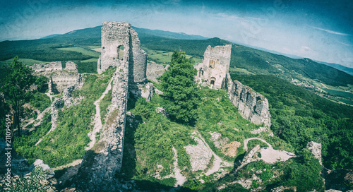 Ruins of the castle Gymes in Slovakia, analog filter photo