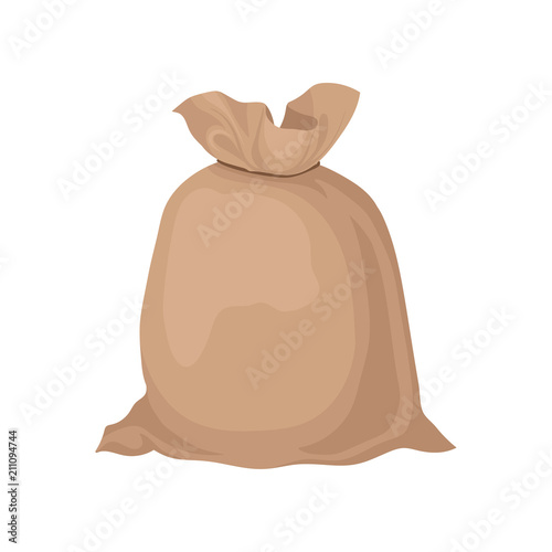Burlap sack tied with rope. Big brown bag with grain or flour. Flat vector element for promo poster or banner of farm products