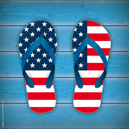 Flip-Flops USA Flag Wooden Background