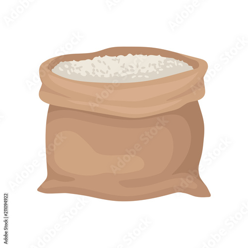Brown cloth sack with rice or flour. Half-filled bag. Organic agricultural product. Flat vector element for promo banner or poster