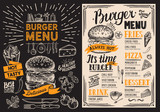 Burger restaurant menu. Food flyer on blackboard background for bar and cafe. Design template with vintage hand-drawn illustrations.