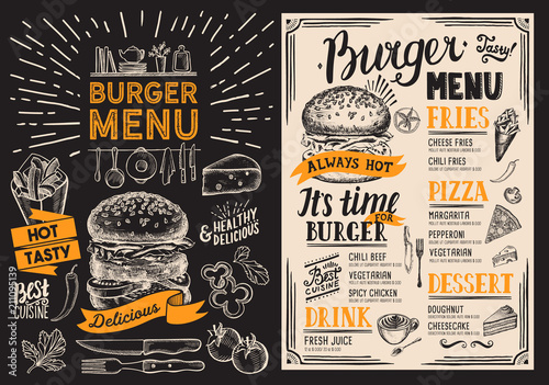 Burger restaurant menu. Food flyer on blackboard background for bar and cafe. Design template with vintage hand-drawn illustrations. photo