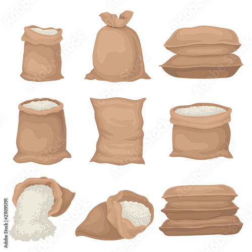 Flat vectoe set of burlap sacks with rice or flour. Large textile bags. Agricultural product. Elements for promo poster or banner