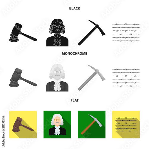Judge, wooden hammer, barbed wire, pickaxe. Prison set collection icons in black, flat, monochrome style vector symbol stock illustration web.
