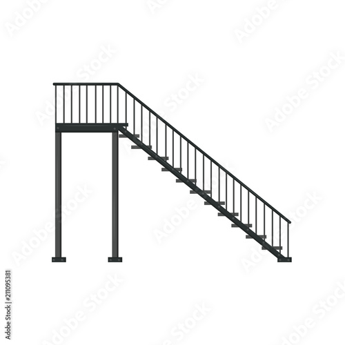 Black iron staircase with railing. Architectural construction. Flat vector element of building interior or exterior. Side view