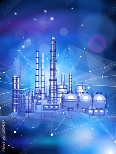 modern chemical manufacturing plant on a blue technological background with a stylized digital wave - the concept of modern technology, the new industrial revolution & information technology / vector
