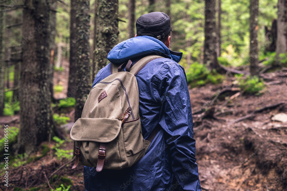 Travel and hiking along the forest path in summer season. Man with backpack Travel and hiking along the forest path in summer season. Man with backpack