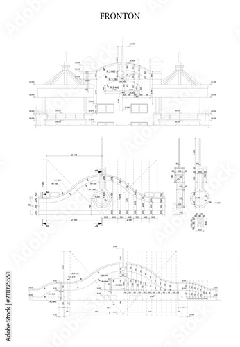 Detailed architectural fronton plan of multistory building Vector blueprint. Architectural background.