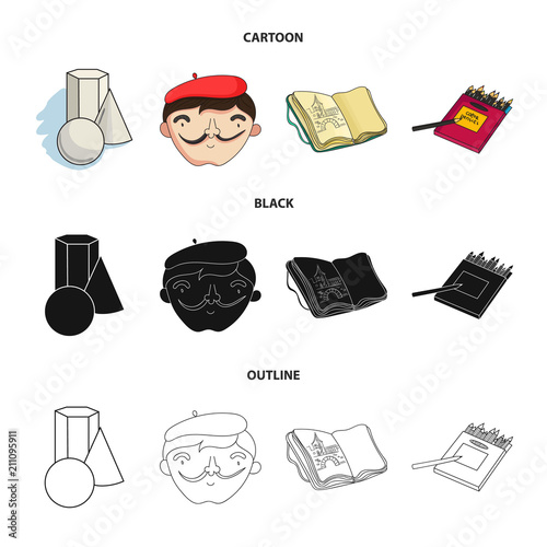 Geometric still life, a self-portrait of the artist, a notebook with drawings, a box of colored pencils.Artist and drawing set collection icons in cartoon,black,outline style vector symbol stock