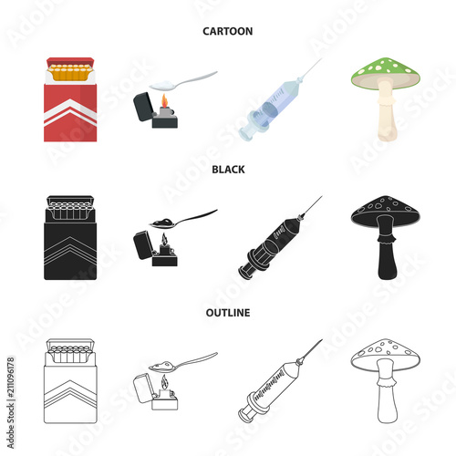 Cigarettes, a syringe, a galoyucinogenic fungus, heroin in a spoon.Drug set collection icons in cartoon,black,outline style vector symbol stock illustration web.