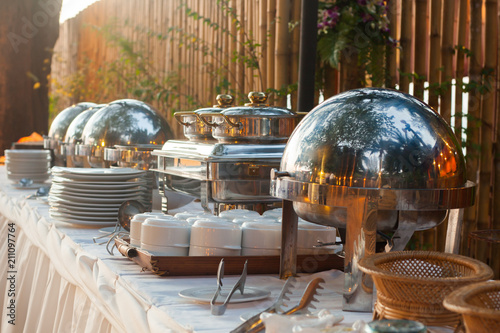 Many buffet heated trays ready for service