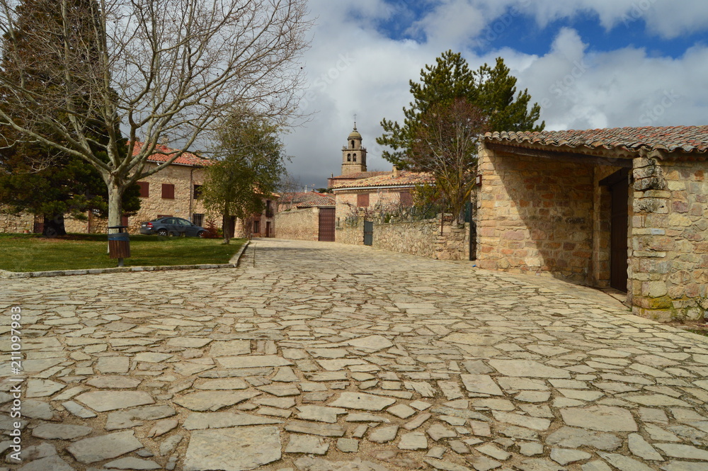 Stone Houses On The Top You Can See The Bell Tower Of The Cathedral In The Village Of Medinaceli. Architecture, History, Travel. March 19, 2016. Medinaceli, Soria, Castilla Leon, Spain.