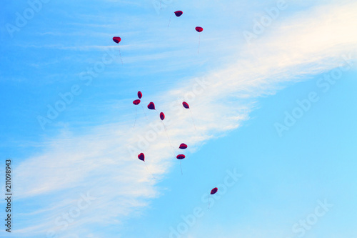 Red balls in the form of a heart fly into the blue sky.