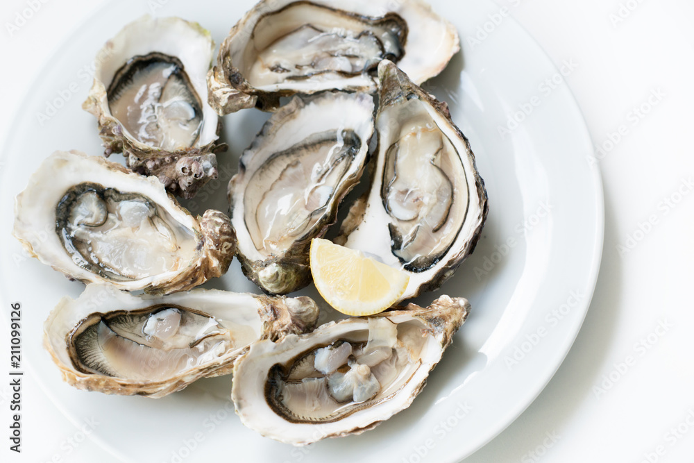 Fresh oysters. Raw fresh oysters are on white round plate, image isolated, with soft focus. Restaurant delicacy. Fresh raw oysters. Fresh oysters. Raw fresh oysters are on white round plate, image isolated, with soft focus. Restaurant delicacy. Fresh raw oysters.
