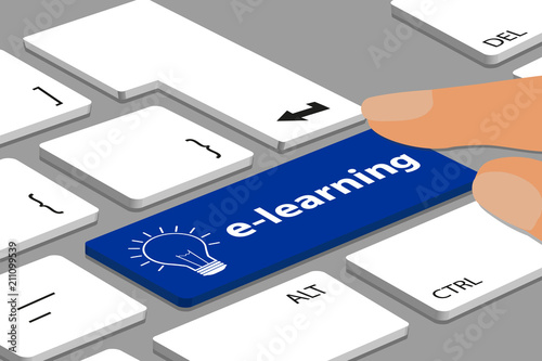 Keyboard With Blue E-Learning Button - Computer Or Laptop With Fingers - Vector Illustration