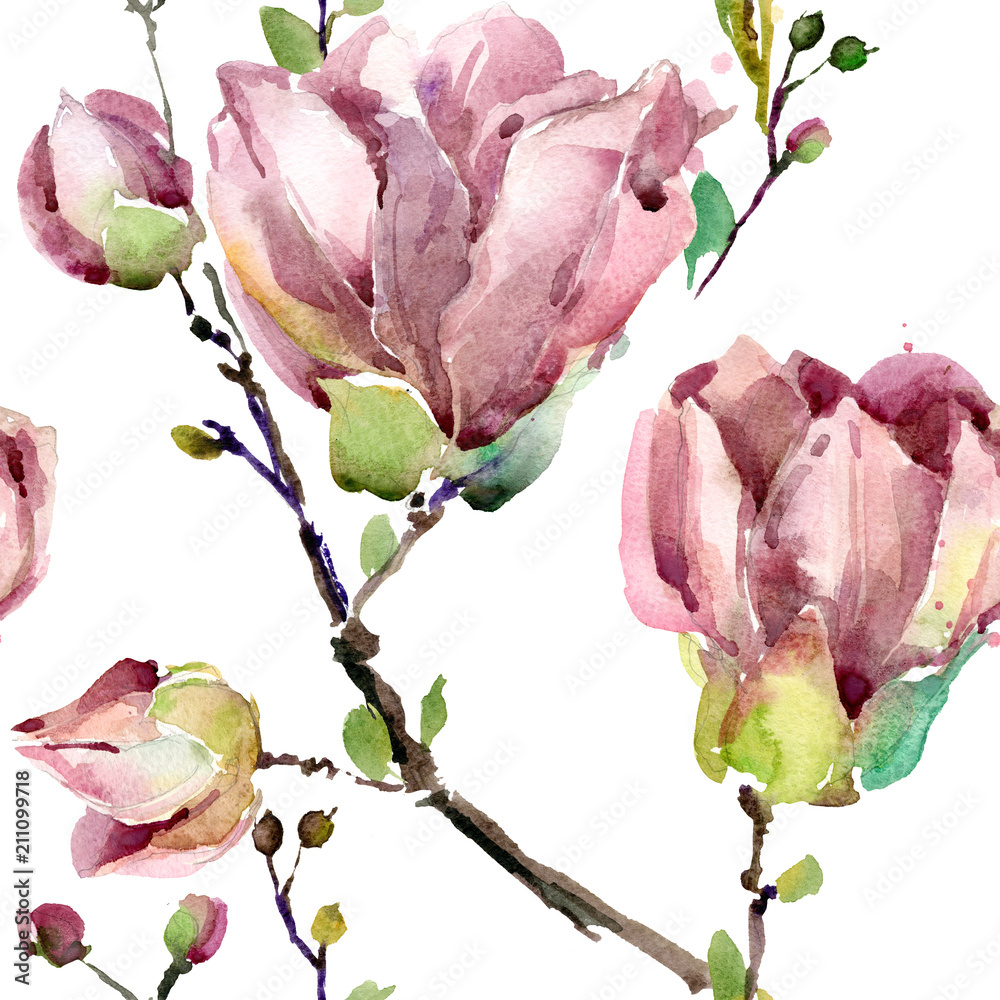 Fototapeta premium watercolor magnolia blossom branch seamless pattern