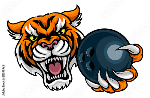 Tiger Holding Bowling Ball Mascot