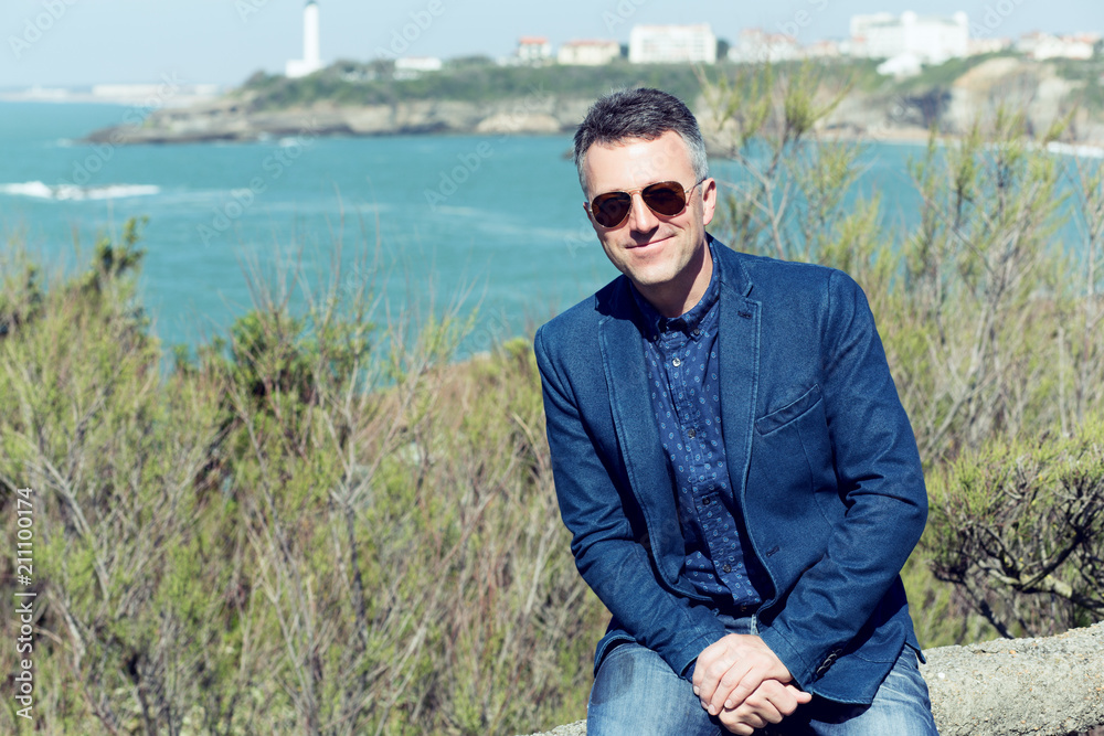 Handsome man. Outdoor male portrait. Middle-aged man, street photo, Biarritz, France. Handsome man. Outdoor male portrait. Middle-aged man, street photo, Biarritz, France.