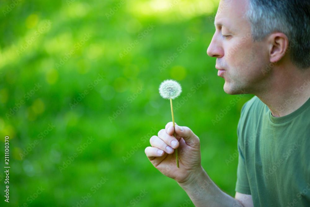 Man blowing dandelion over blured green grass, summer nature outdoor Man blowing dandelion over blured green grass, summer nature outdoor