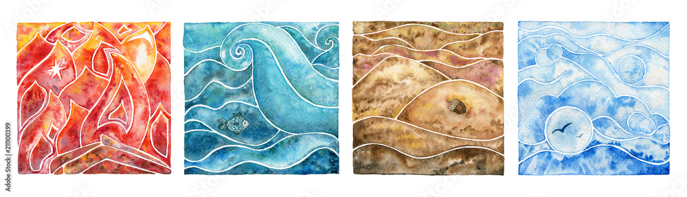 Four natural elements: fire, water, air and earth. Watercolor ...