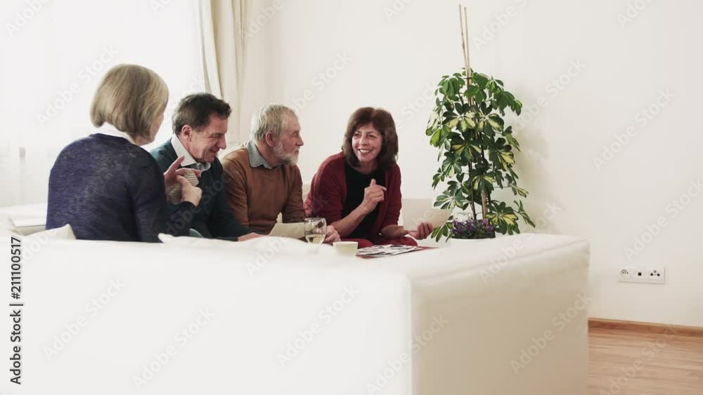 Two senior couples looking at photographs at home. Two senior couples looking at photographs at home.