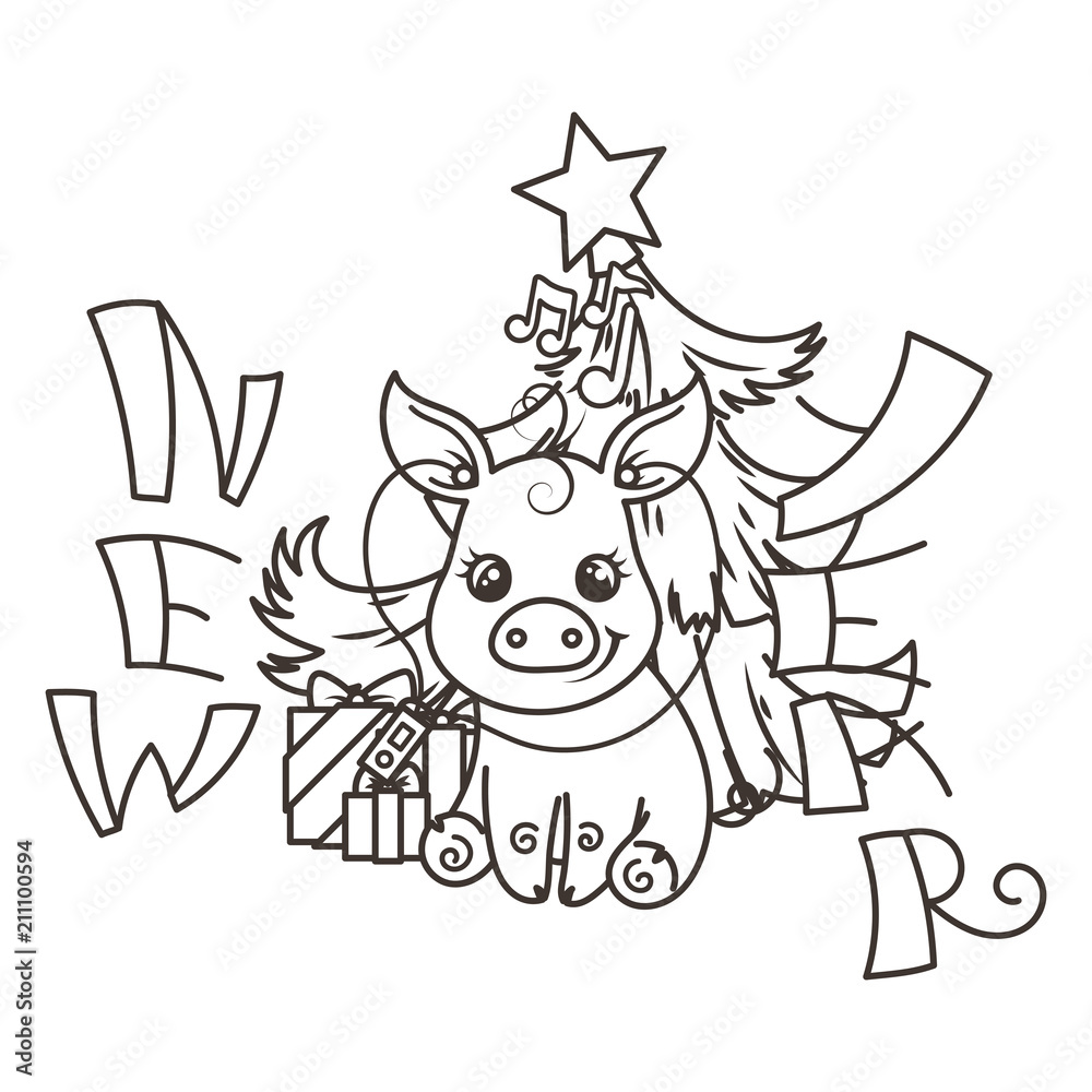Happy New 2019 Year card with cartoon baby pig. Small symbol of holiday. Happy New 2019 Year card with cartoon baby pig. Small symbol of holiday.