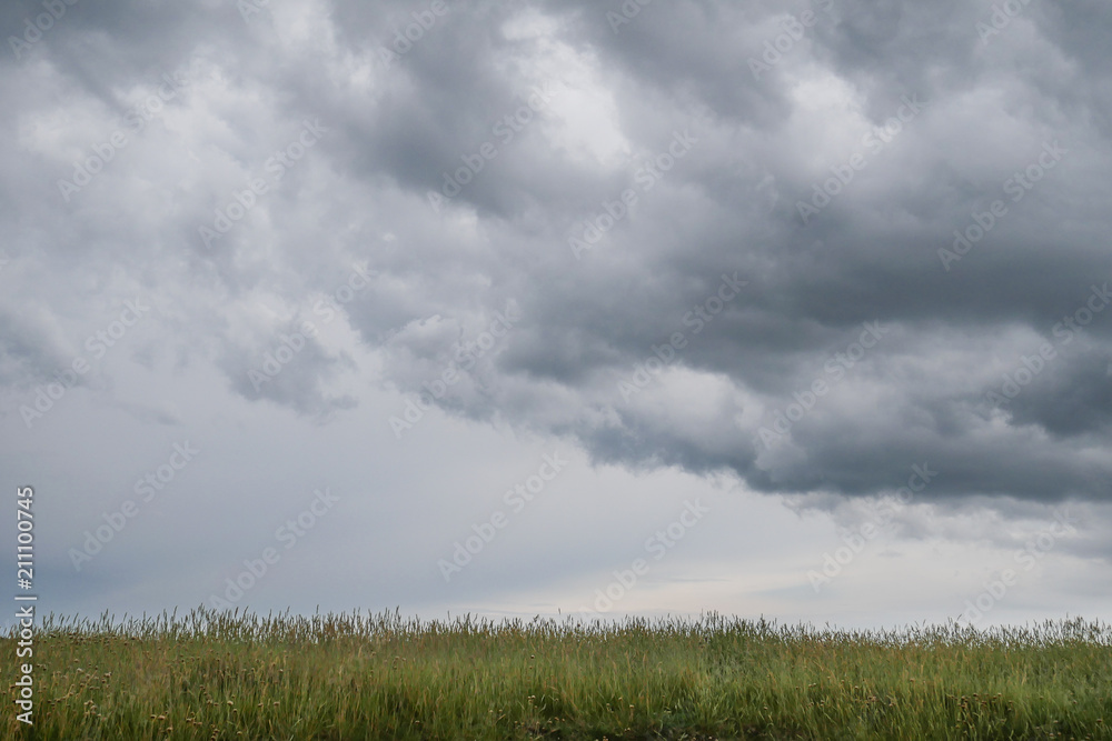 Typical wild deserted landscape in Brittany with amazing dark cloudy sky, unique desolate countryside with nobody
