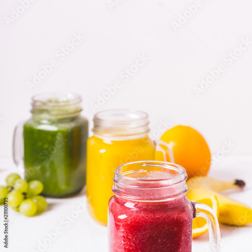 Selection of multicolored smoothies and ingredients. Detox Food Concept