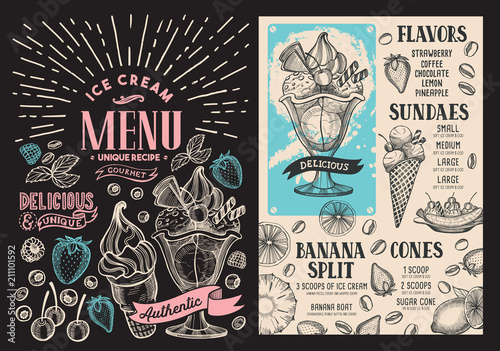 Ice cream restaurant menu. Vector dessert food flyer for bar and cafe. Design template with vintage hand-drawn illustrations on blackboard background.