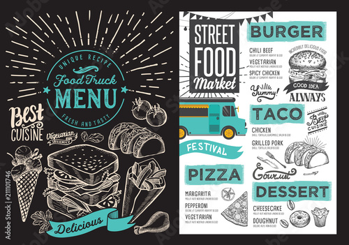 Food truck menu for street festival on blackboard background. Design template with hand-drawn graphic illustrations.