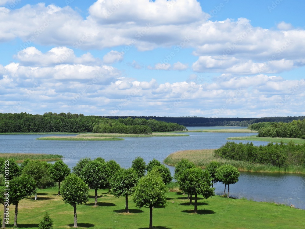 View at Panorama of Tranquil Lake with Trees and Clouds