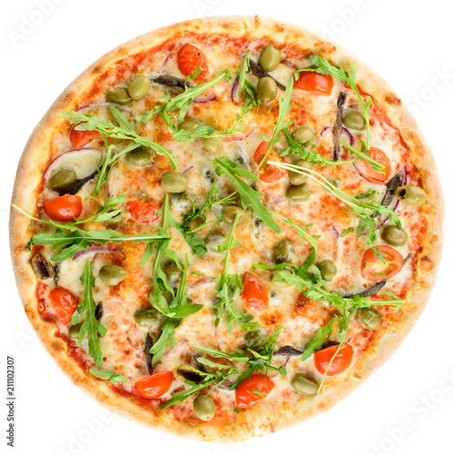 Appetizing hot Italian pizza with meat, tomatoes and olives isol