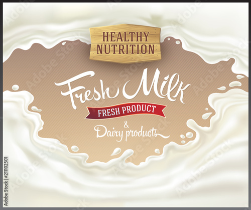 Splash of milk, with a set of inscription as set design elements for label or packaging of dairy products